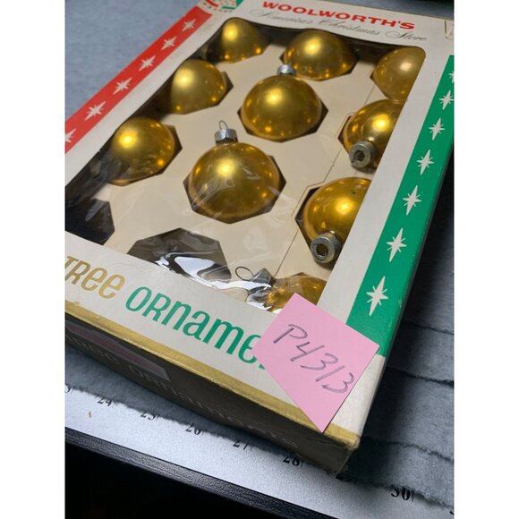 Vintage Woolworths Gold Glass Christmas Tree Ornaments Original Box Set of 10 19 - Picture 9 of 9